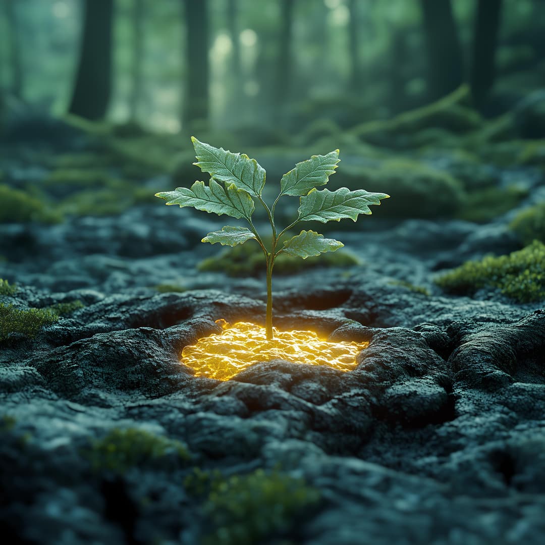 Illustration futuriste d'une plante qui pousse avec un blob à sa base