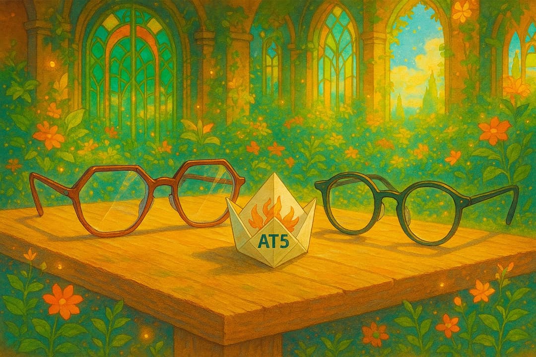 Deux paires de lunettes disposées sur une surface en bois avec une cocotte en papier au centre marqué AT5, sur fond de décor forestier verdoyant avec des touches colorées