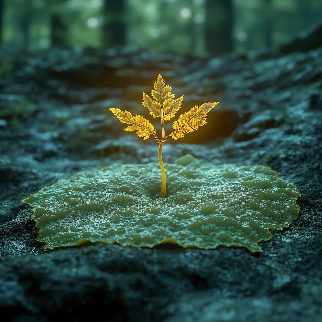 Image science-fiction d'une plante émergente avec une forme organique de type blob à sa base