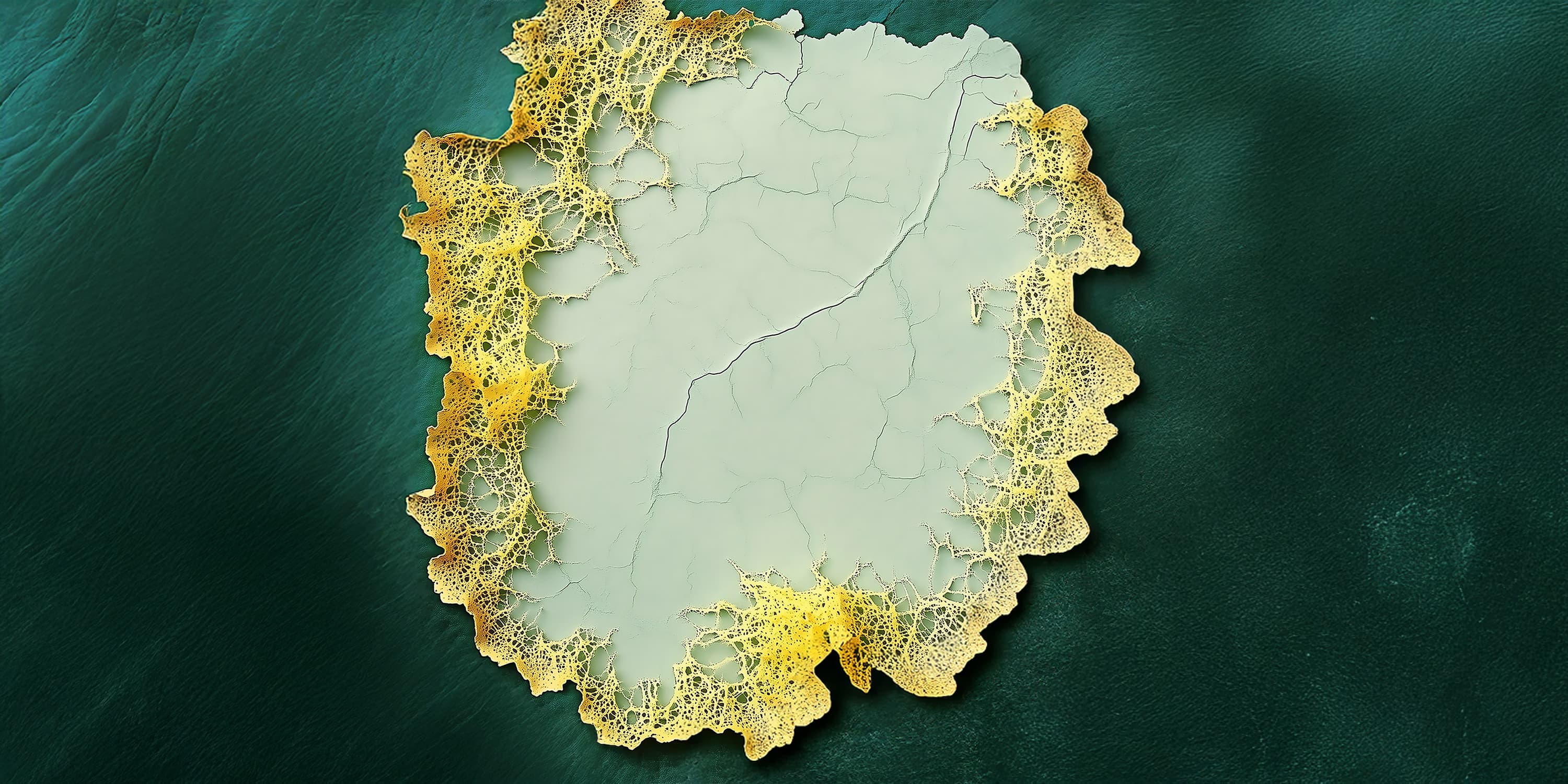 Forme organique irrégulière aux bords dorés rappelant un blob, sur un fond vert texturé