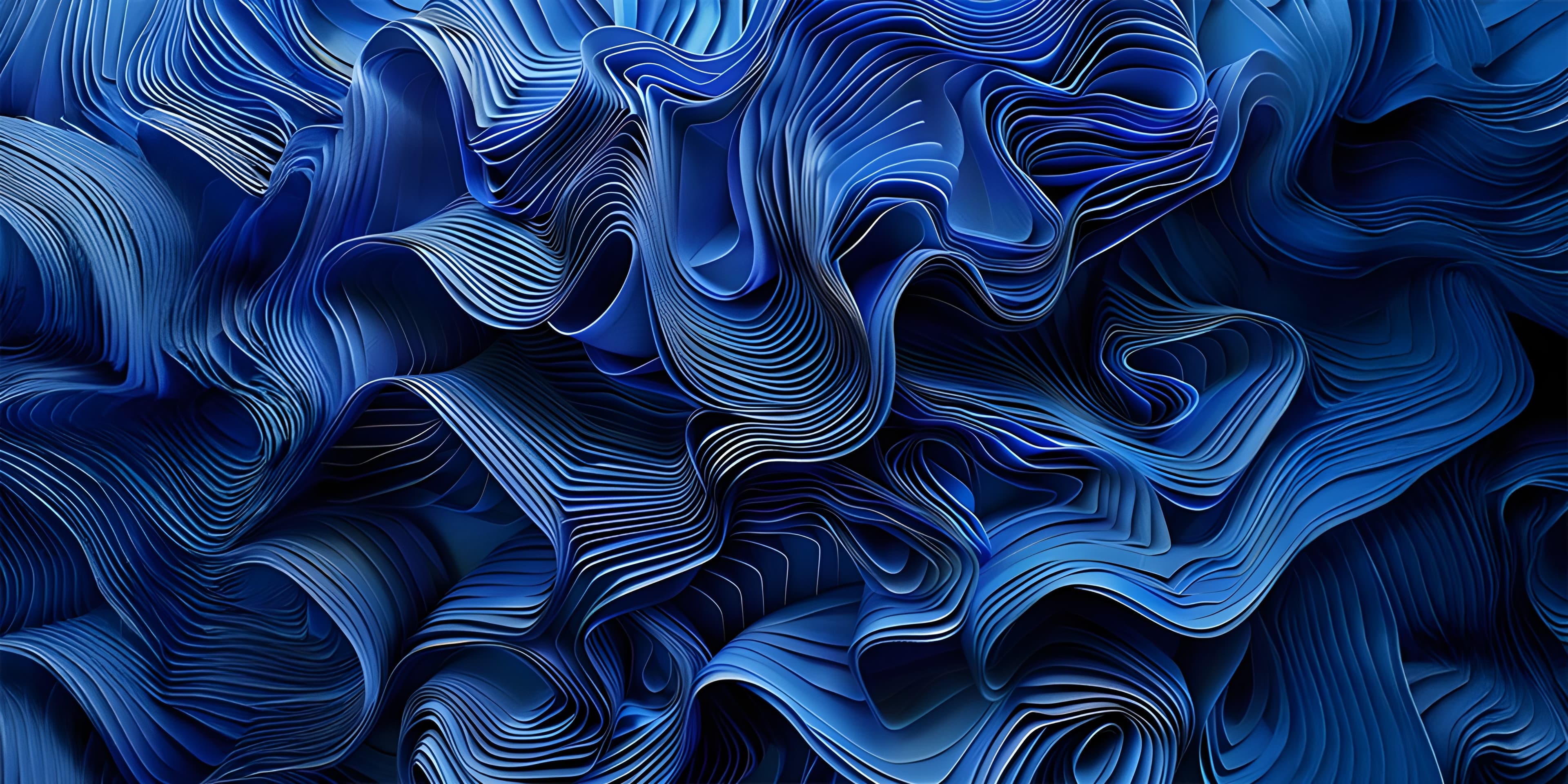 Illustration abstraite de couches fluides en dégradés de bleu, évoquant des vagues ou des plis de tissu numériques